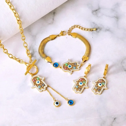 Vintage Stainless Steel Hamsa Hand Evil Eye Necklace Bracelet And Earrings Multicolor Zirconia Gold Plated OT Toggle Jewelry