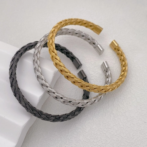 Minimalist Stainless Steel Woven Open Cuff Bracelet For Women Vintage Gold Silver Black Metal Cable Bangle Fashion Jewelry