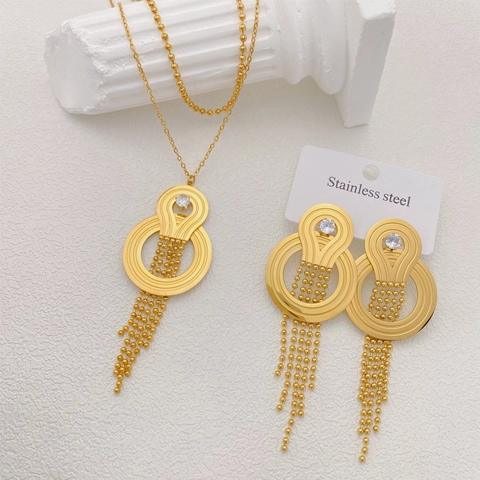 Fashion Stainless Steel Jewelry Set For Women Gold Plated Geometric Round Zirconia Pendant Layered Necklace Tassel Earrings