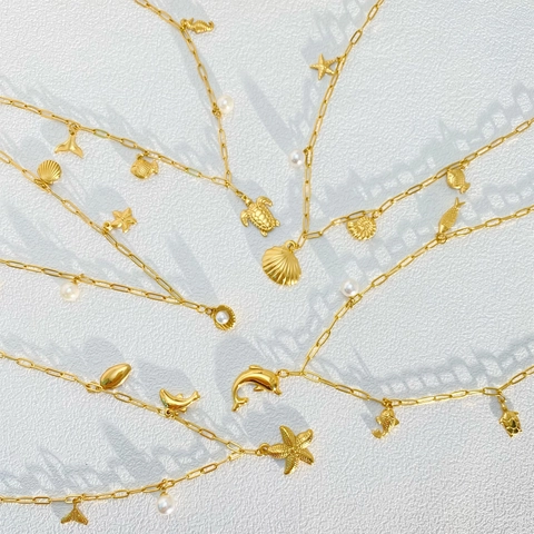 Gold Stainless Steel Ocean Theme Paperclip Chain Necklace For Women Faux Artificial Pearl Sea Star Shell Turtle Dolphin Pendant Jewelry