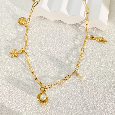 Gold Stainless Steel Ocean Theme Paperclip Chain Necklace For Women Faux Artificial Pearl Sea Star Shell Turtle Dolphin Pendant Jewelry