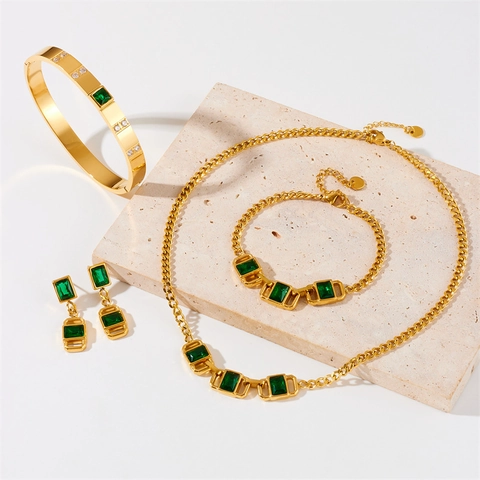 Vintage Emerald Green Rectangular Zirconia Stainless Steel Necklace Bracelet Earrings Bangle Jewelry For Women Gold Plated