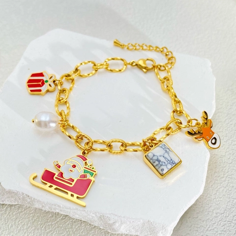 Christmas Stainless Steel Gold Plated Enamel Santa Claus Elk Reindeer Pendant Necklace Bracelet Earrings Festive Jewelry Set