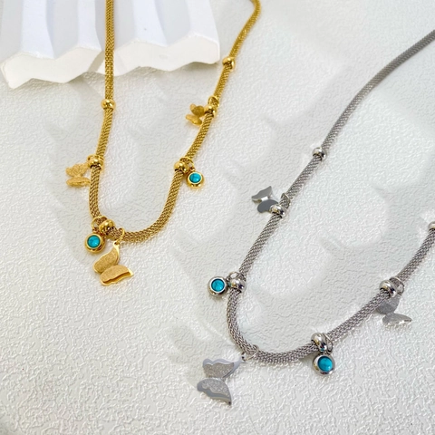 Women Titanium Steel Mesh Woven Chain Necklace Gold Silver Butterfly Four-Leaf Clover Turquoise Pendant Elegant Jewelry Gift