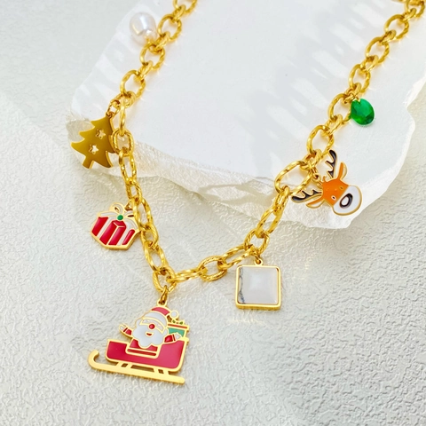 Christmas Stainless Steel Gold Plated Enamel Santa Claus Elk Reindeer Pendant Necklace Bracelet Earrings Festive Jewelry Set
