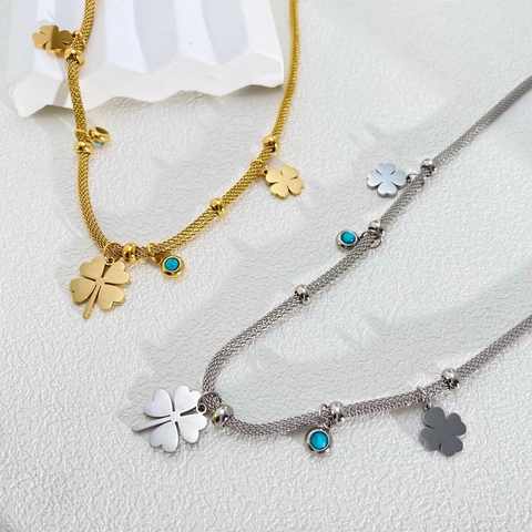 Women Titanium Steel Mesh Woven Chain Necklace Gold Silver Butterfly Four-Leaf Clover Turquoise Pendant Elegant Jewelry Gift