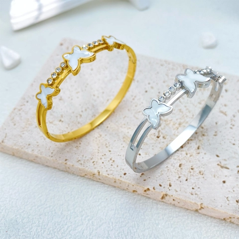 Bracciale Rigido a Farfalla in Acciaio Inossidabile con Zirconia per Donna Oro Argento Placcato Madreperla Gioielli Eleganti