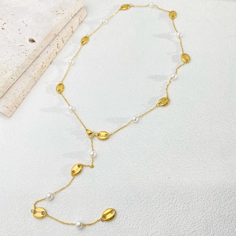 Elegant Titanium Steel Artificial Pearl Pig Nose Link Necklace Women Gold Plated Coffee Bean Shape Y Chain Adjustable Jewelry