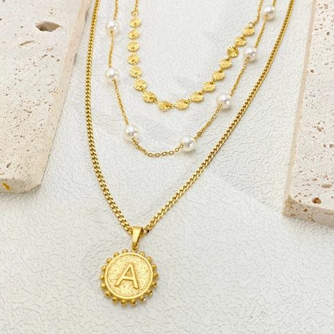 Layered Titanium Steel Gold Plated Necklace For Women With Artificial Pearl Letter A Heart Anchor Chain Pendant Jewelry