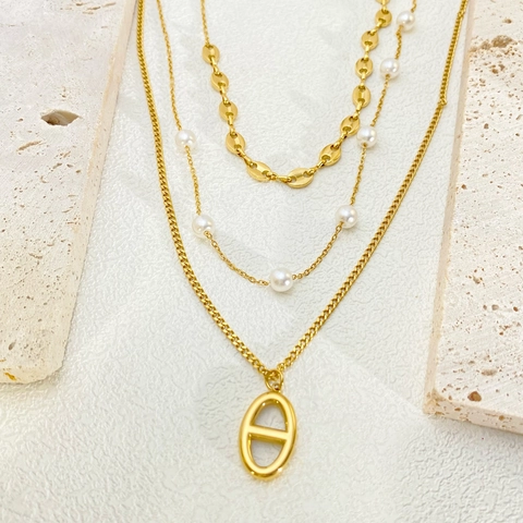 Layered Titanium Steel Gold Plated Necklace For Women With Artificial Pearl Letter A Heart Anchor Chain Pendant Jewelry