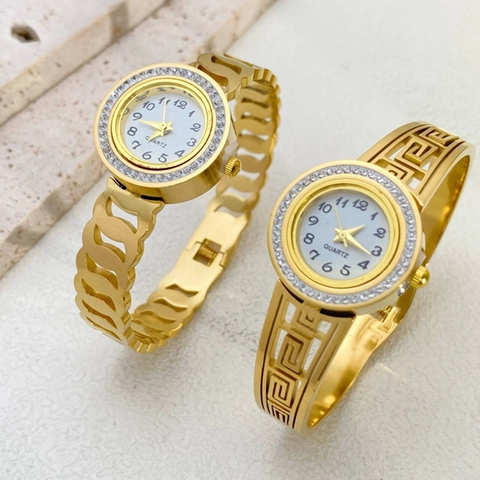 Luxury Titanium Steel Bracelet Watch For Women Gold Hollow Greek Key Roman Numeral Rhinestone Bangle Watch Elegant Quartz Wristwatch
