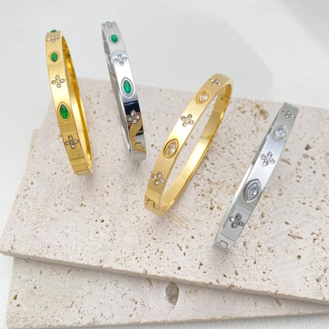 Vintage Emerald White Zirconia Clover Bangle For Women Titanium Steel Gold Silver Plated Marquise Shape Bracelet Jewelry
