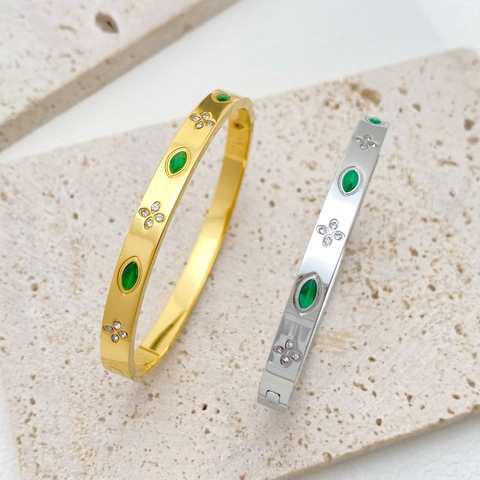 Vintage Emerald White Zirconia Clover Bangle For Women Titanium Steel Gold Silver Plated Marquise Shape Bracelet Jewelry