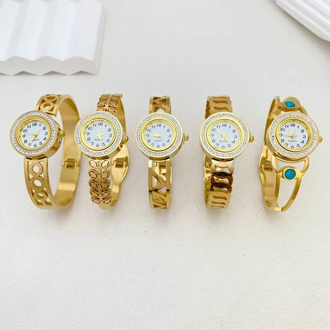 Luxury Titanium Steel Bracelet Watch For Women Gold Hollow Greek Key Roman Numeral Rhinestone Bangle Watch Elegant Quartz Wristwatch