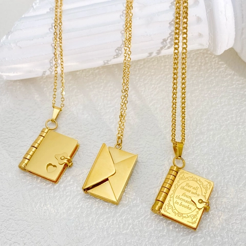 18K Gold Plated Stainless Steel Book Envelope Locket Pendant Necklace For Women Heart Engraved Poetry Quote Jewelry Gift