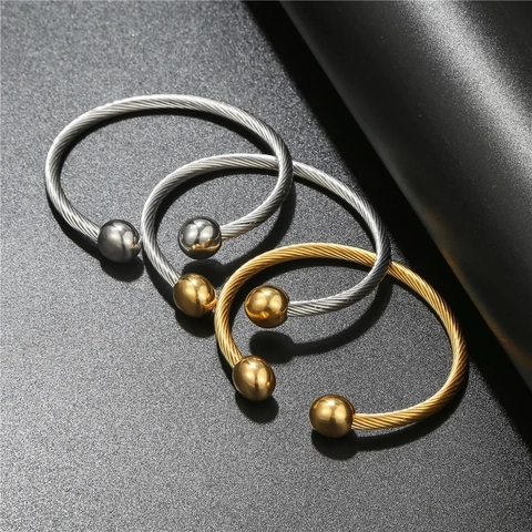 Twisted Cable Cuff Bracelet Stainless Steel Double Ball Open Bangle Vintage Industrial Style For Men Women