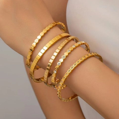 Luxury Titanium Steel Bangle For Women 18K Gold Plated Honeycomb Hexagon Bangle Zirconia Inlaid Square Ice Cube Bracelet Jewelry