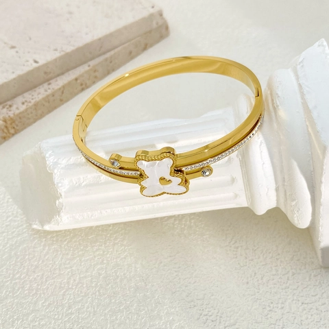 Luxury Stainless Steel Bear Bangle For Women Gold Plated Double Layer Rhinestone Heart Enamel Bear Bracelet Fashion Jewelry Gift