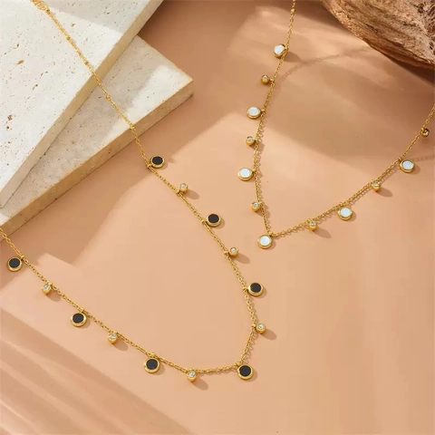 Minimalist Stainless Steel Gold Plated Necklace And Bracelet For Women Black White Round Shell Zirconia Pendant Jewelry