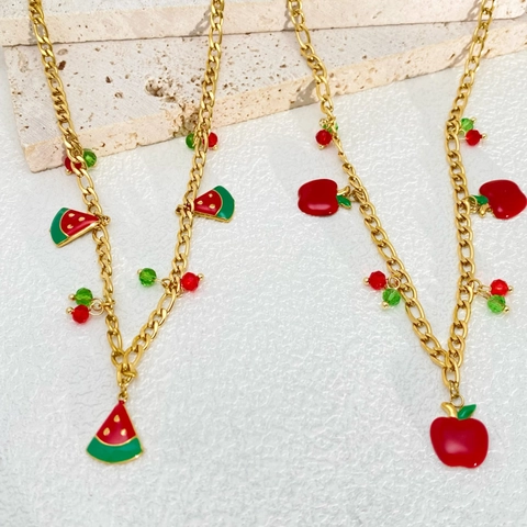 Sweet Stainless Steel Gold Chain Necklace Bracelet Enamel Watermelon Apple Fruit Charm Jewelry For Women Girls Fresh Style