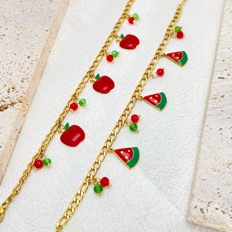 Sweet Stainless Steel Gold Chain Necklace Bracelet Enamel Watermelon Apple Fruit Charm Jewelry For Women Girls Fresh Style