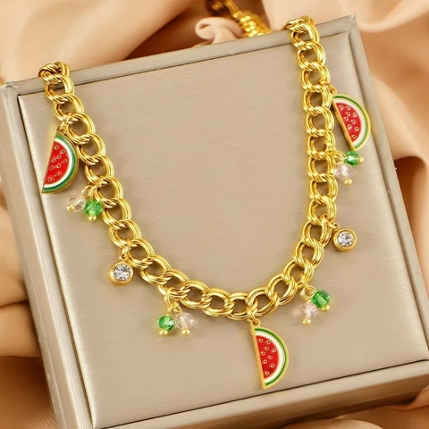 Titanium Steel Gold Plated Fruit Pendant Necklace Summer Tropical Style Enamel Watermelon Pineapple Avocado Women Jewelry