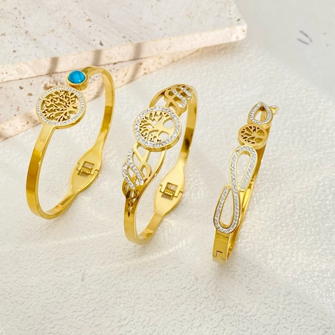 Tree Of Life Stainless Steel Bangle For Women Gold Plated Rhinestone Infinity Pattern Fashion Jewelry Adjustable Bracelet