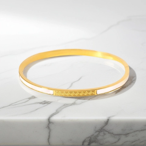 Elegant Stainless Steel Bangle For Women Gold Silver Plated Greek Key Meander Pattern Inlaid Shell Fashion Jewelry Bracelet
