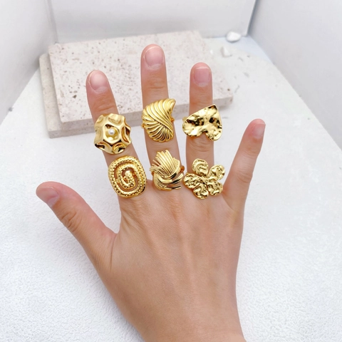Minimalist Titanium Steel Gold Plated Open Ring For Women Vintage Irregular Geometric Heart Flower Adjustable Jewelry Ring