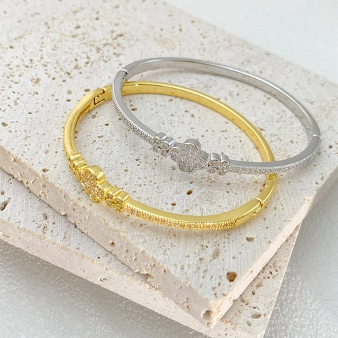 Elegant Gold Plated Copper Clover Bangle For Women With Zirconia Inlay Fashion Simple Open Cuff Bracelet Jewelry Gift