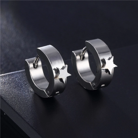 Boucles d'Oreilles Créoles Minimalistes en Acier Inoxydable 316L avec Étoile Pentagramme Poli Unisexe Bijoux Punk Cadeau Argent