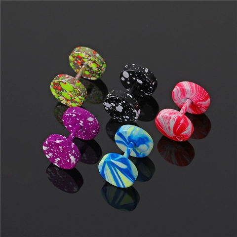 Stainless Steel Splatter Paint Barbell Stud Earrings Punk Hip Hop Street Round Disc Ear Bone Piercing Jewelry For Men Women