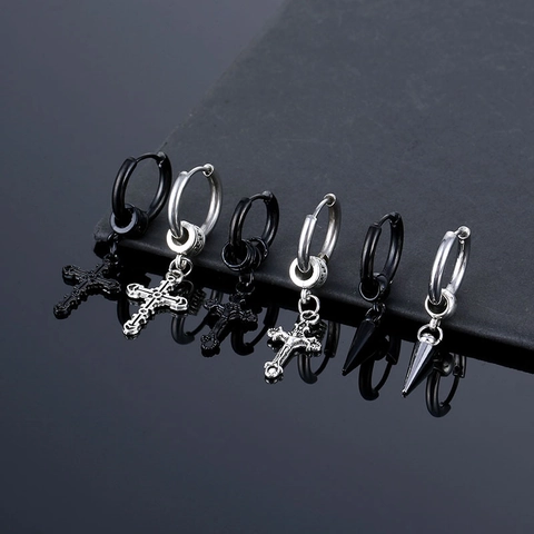 Stainless Steel Punk Hoop Earrings With Cross Spike Pendants Gothic Streetwear Polished Unisex Jewelry For Men Women