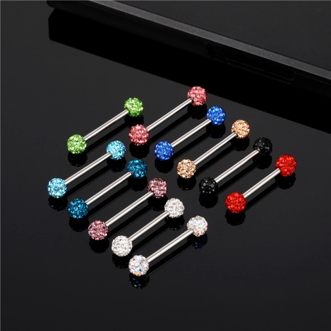 316L Edelstahl Zungenpiercing Brustwarzenpiercing Kristall Ton Strass Kugel Hanteln Körperschmuck Für Damen Herren Schmuck