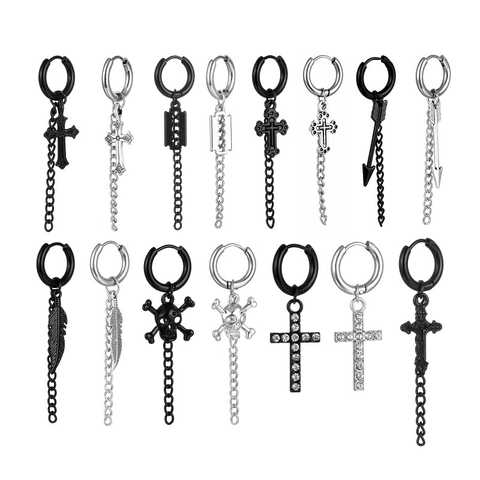 Edelstahl Ohrreifen Mit Kette Kreuz Feder Totenkopf Klinge Anhänger Hip Hop Punk Gotik Schmuck Für Damen Herren