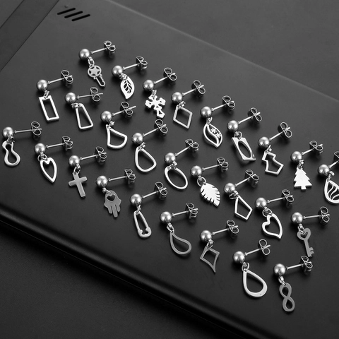 Koreanische Minimalistische Edelstahl Ohrstecker Für Herren Damen Geometrische Hängende Ohrringe Herz Kreuz Blatt Schlüssel Infinity Schmuck
