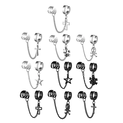 Punk Edelstahl Gliederkette Ohrstecker Ohrclip Gotisch Kreuz Totenkopf Stern Anhänger Ohrringe Für Herren Damen Streetwear Schmuck