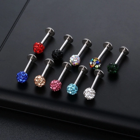 316L Stainless Steel Rhinestone Ball Labret Stud Lip Ring Ear Cartilage Piercing Jewelry For Women Men Multi Colors