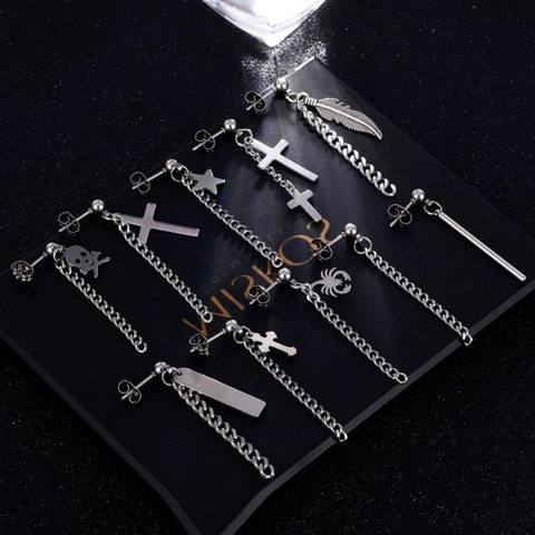 Stainless Steel Cross Stud Earrings Punk Rock Chain Feather Scorpion Star Skull Pendant Earrings For Men Women Jewelry