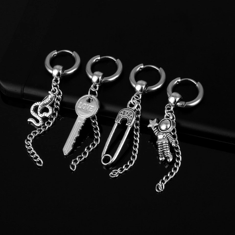 Punk Edelstahl Hänger Ohrringe Für Damen Herren Lange Kette Quaste Schlange Schlüssel Sicherheitsnadel Astronaut Anhänger Hip Hop Schmuck