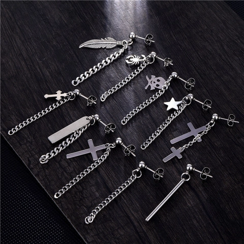Stainless Steel Cross Stud Earrings Punk Rock Chain Feather Scorpion Star Skull Pendant Earrings For Men Women Jewelry