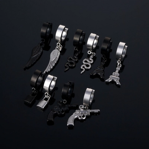 Stainless Steel Hoop Earrings With Pendant Feather Snake Eiffel Tower Padlock Handgun For Men Women Hip Hop Punk Jewelry