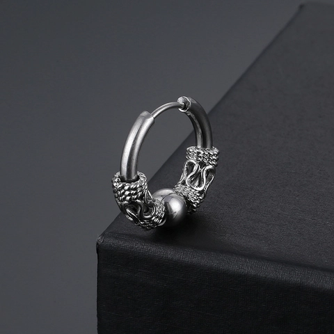 Vintage Dragon Pattern Stainless Steel Hoop Earrings Hip Hop Punk Carved Dragon Bone Huggie Earrings For Men Women Unisex Jewelry