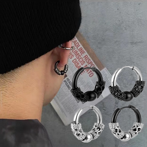 Vintage Dragon Pattern Stainless Steel Hoop Earrings Hip Hop Punk Carved Dragon Bone Huggie Earrings For Men Women Unisex Jewelry