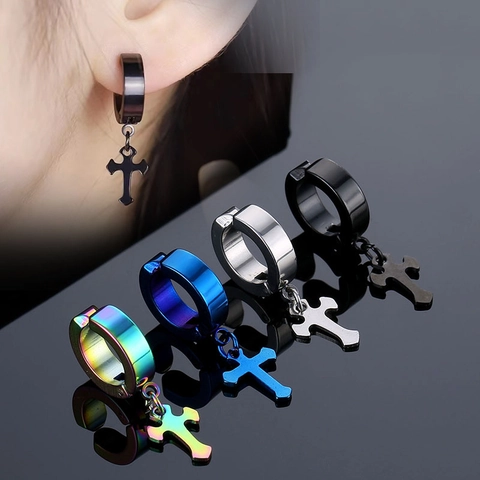 Clip de Oreja con Colgante de Cruz de Acero Inoxidable Punk Sin Perforación Pendientes de Acero de Titanio para Hombres Mujeres Joyería