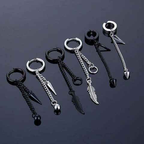 Punk 316L Stainless Steel Dangle Hoop Earrings For Men Women Black Silver Feather Triangle Spike Tassel Chain Earring Street Jewelry