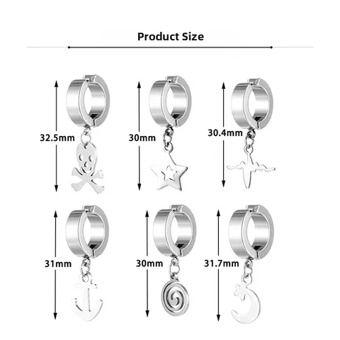 Stainless Steel Punk Clip On Earrings For Men Women Non Piercing Fake Earrings Skull Star Anchor Heartbeat Dangle Jewelry