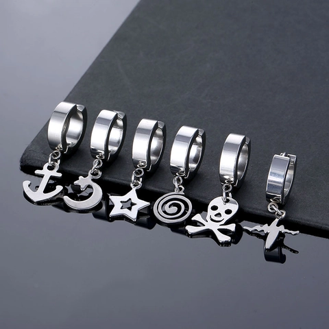 Stainless Steel Punk Clip On Earrings For Men Women Non Piercing Fake Earrings Skull Star Anchor Heartbeat Dangle Jewelry