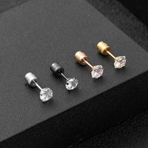 Minimalistische Edelstahl Zirkonia Ohrstecker Rund Vier Krallen Eingelegt Schraubverschluss Piercing Schmuck Unisex