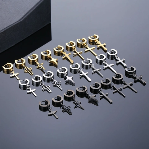 Unisex Edelstahl Kreuz Anhänger Creolen Hip Hop Punk Gothic Stern Flügel Hängeohrringe Schmuck Für Herren Damen
